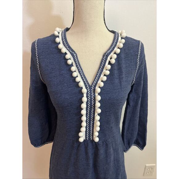 Boden Dress Size 4 Blue Cotton Pockets Pom Pom Accent Long Sleeve - Picture 2 of 11
